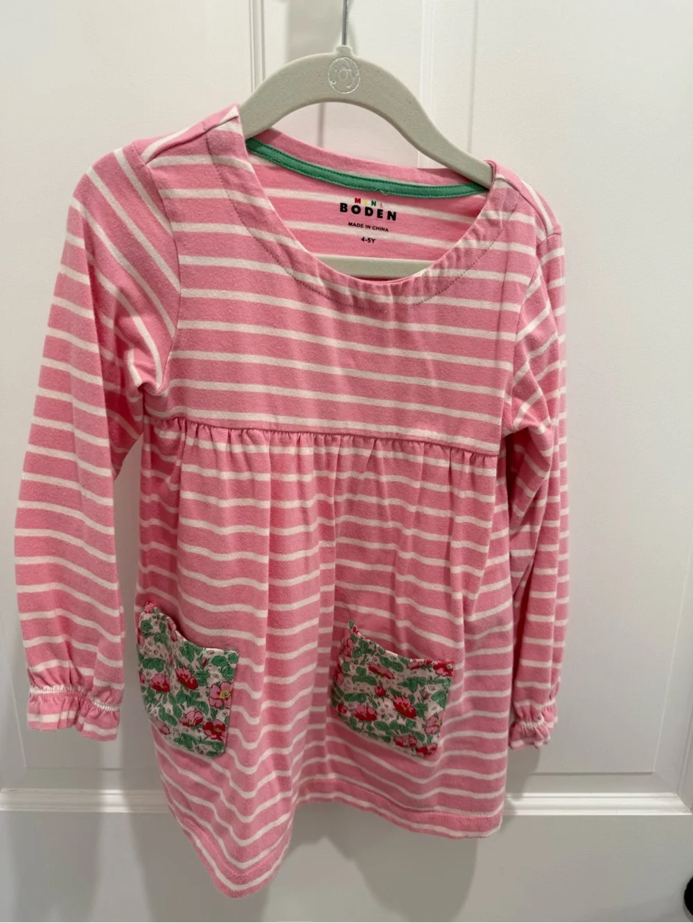 Mini Boden Pink and White Striped Long-Sleeve Pajama Top with Floral Pockets